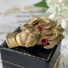 Lade das Bild in den Galerie-Viewer, Vintage 1960s Crown Trifari Poodle Brooch. Gold Figural Poodle Head Brooch With Red Glass Crystal Eyes. Vintage Collectible Costume Jewelry
