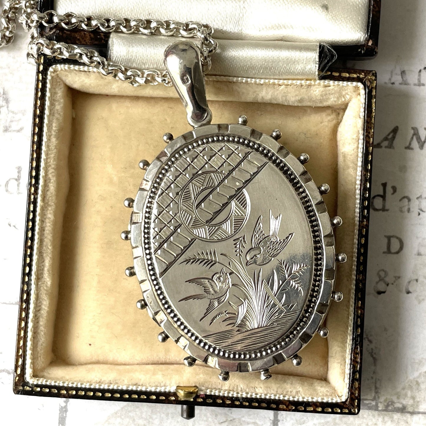 Victorian Aesthetic Engraved English Silver Locket Hallmarked 1881. Huge Antique Sterling Silver Love Bird & Asian Scene Locket Pendant