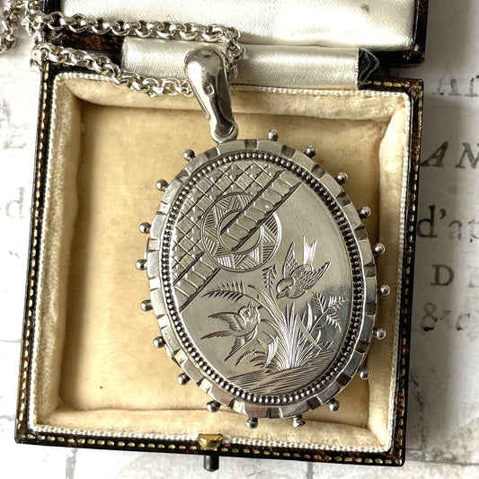 Victorian Aesthetic Engraved English Silver Locket Hallmarked 1881. Huge Antique Sterling Silver Love Bird & Asian Scene Locket Pendant