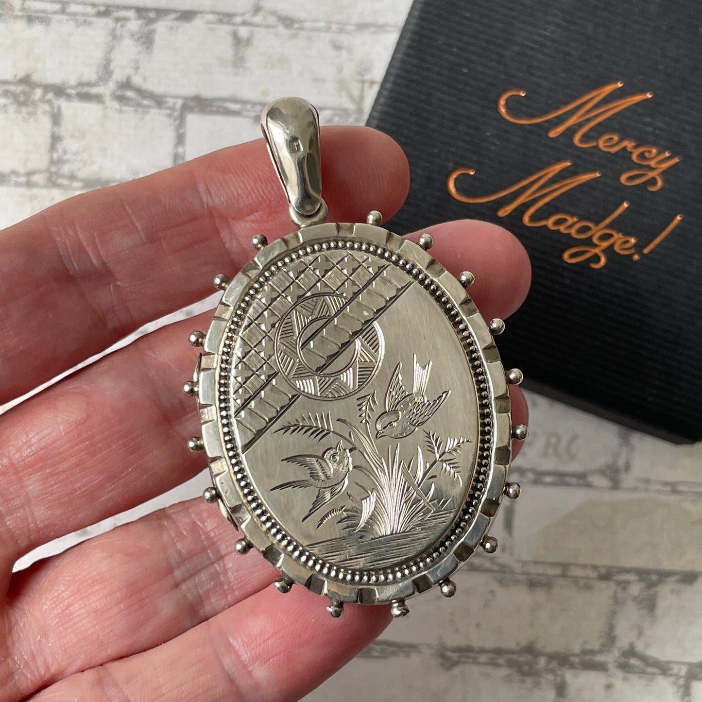Victorian Aesthetic Engraved English Silver Locket Hallmarked 1881. Huge Antique Sterling Silver Love Bird & Asian Scene Locket Pendant