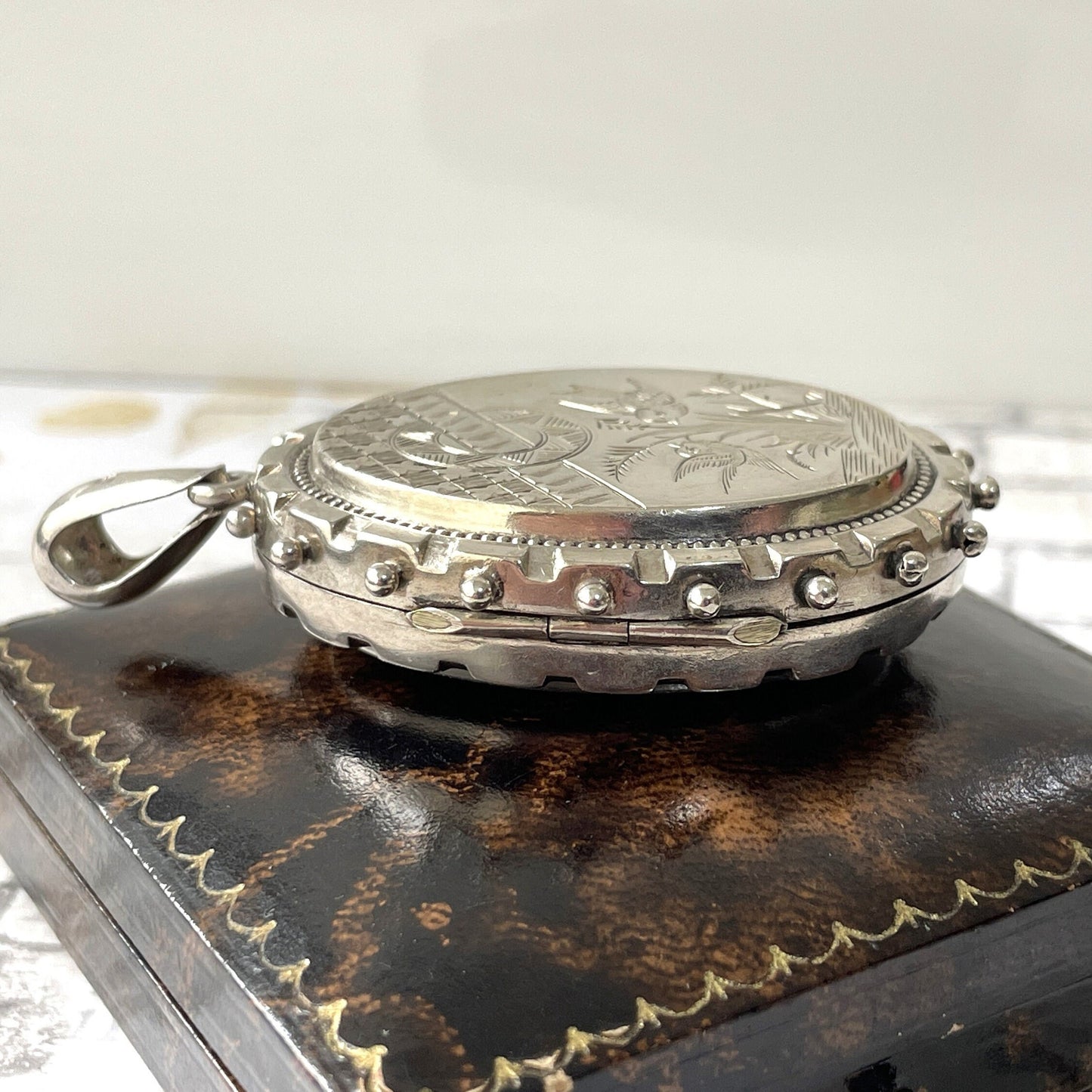 Victorian Aesthetic Engraved English Silver Locket Hallmarked 1881. Huge Antique Sterling Silver Love Bird & Asian Scene Locket Pendant