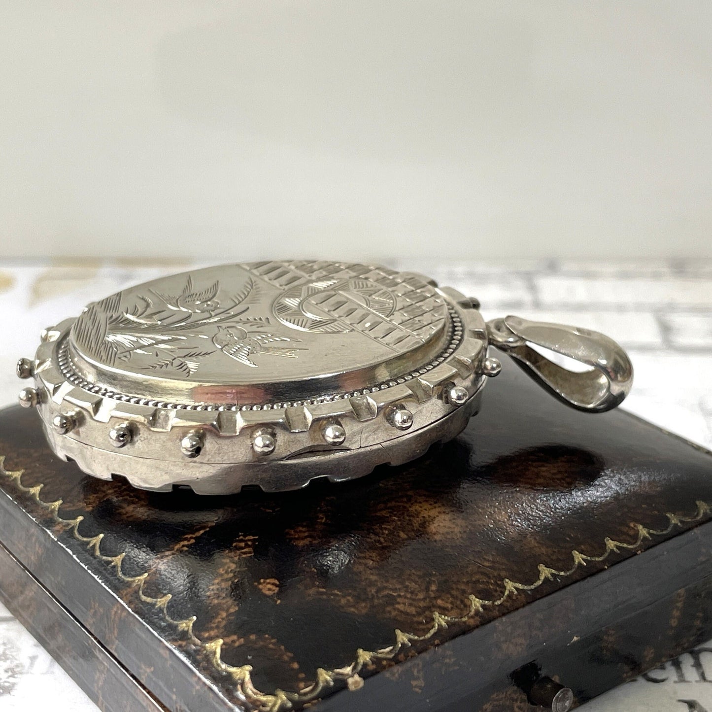 Victorian Aesthetic Engraved English Silver Locket Hallmarked 1881. Huge Antique Sterling Silver Love Bird & Asian Scene Locket Pendant