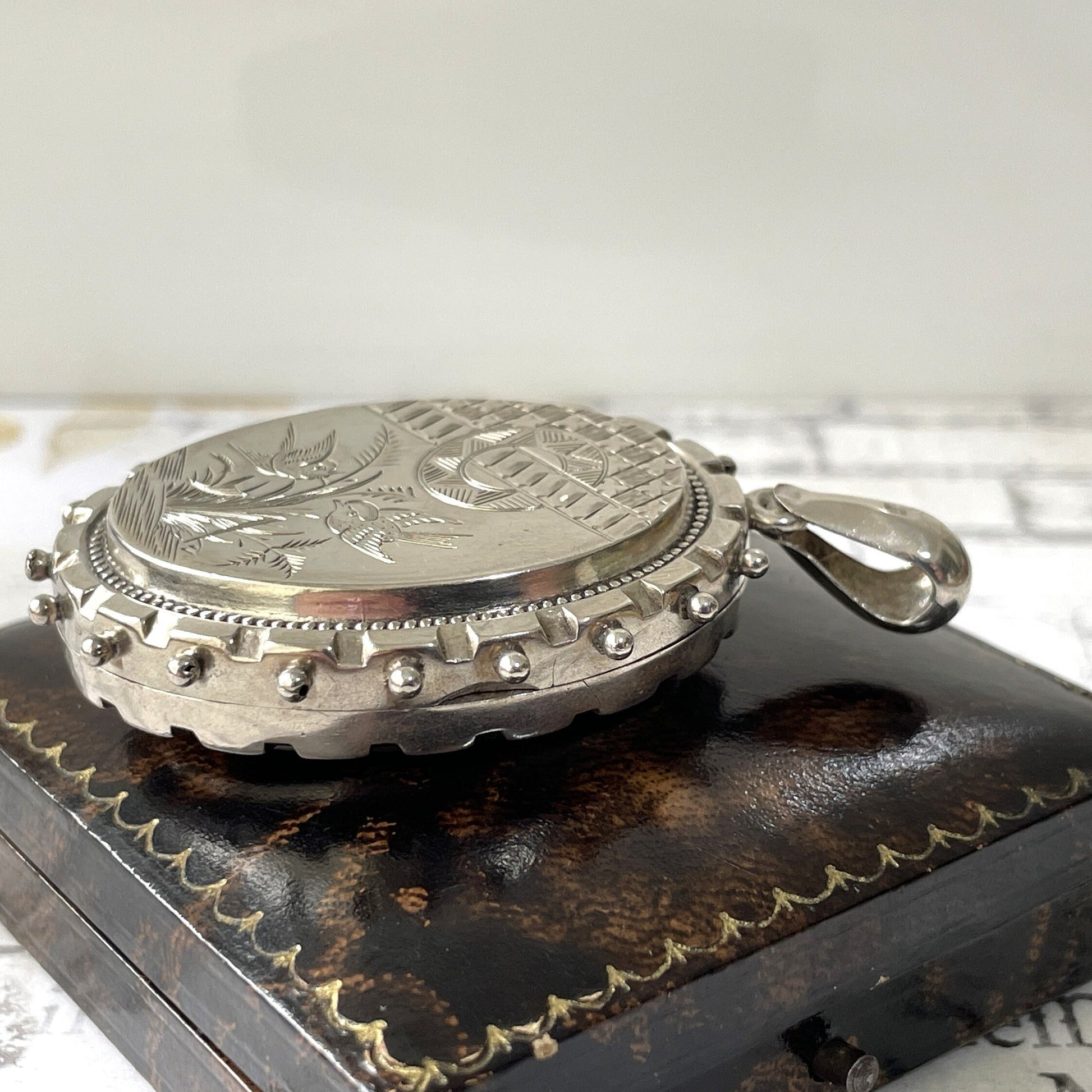 Victorian Aesthetic Engraved English Silver Locket Hallmarked 1881. Huge Antique Sterling Silver Love Bird & Asian Scene Locket Pendant