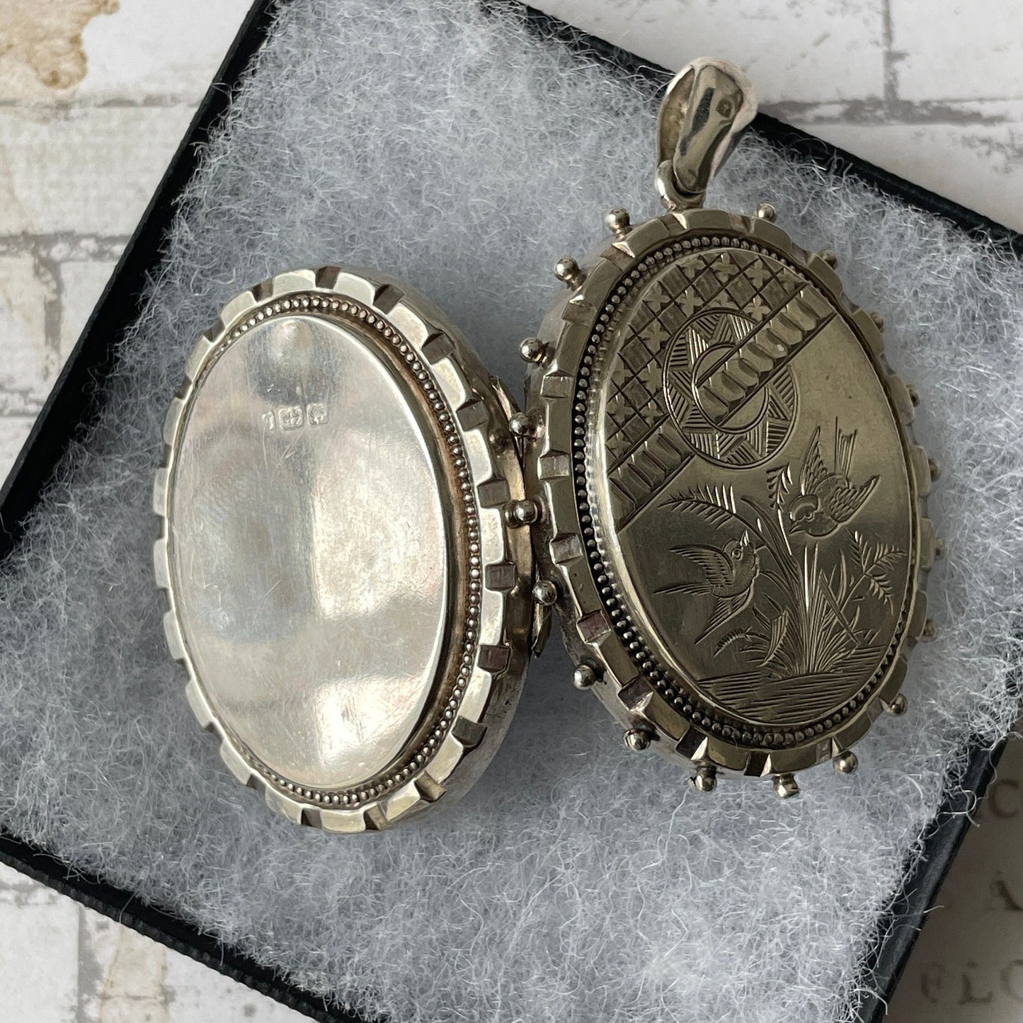Victorian Aesthetic Engraved English Silver Locket Hallmarked 1881. Huge Antique Sterling Silver Love Bird & Asian Scene Locket Pendant