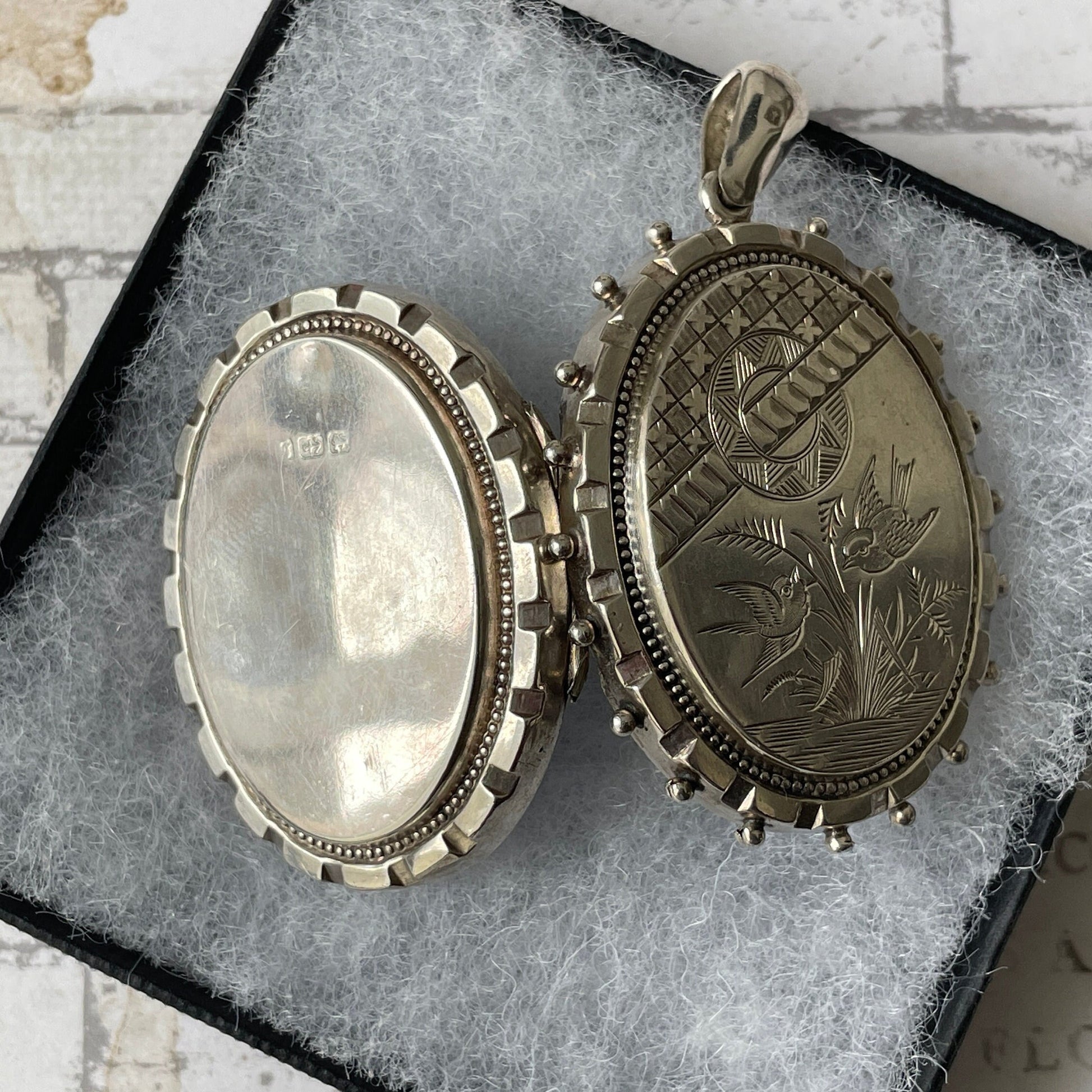 Victorian Aesthetic Engraved English Silver Locket Hallmarked 1881. Huge Antique Sterling Silver Love Bird & Asian Scene Locket Pendant