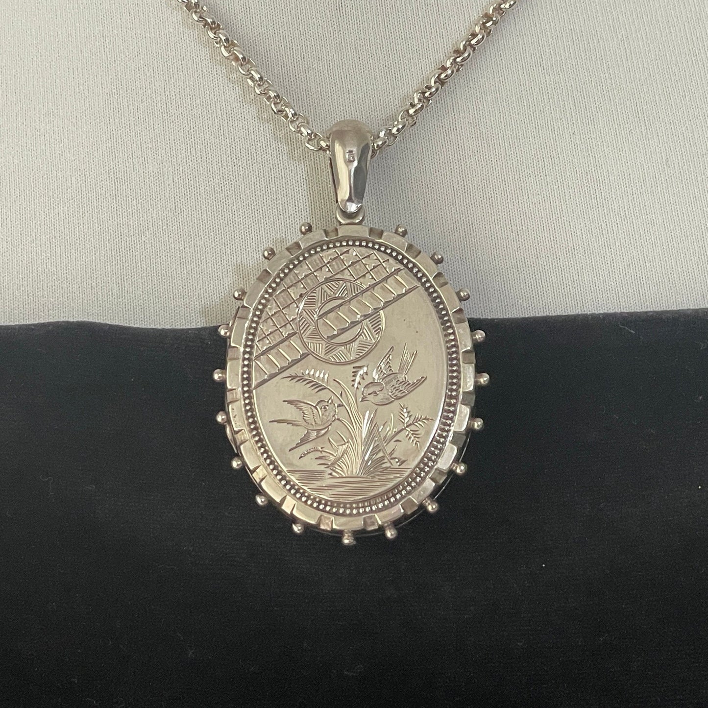 Victorian Aesthetic Engraved English Silver Locket Hallmarked 1881. Huge Antique Sterling Silver Love Bird & Asian Scene Locket Pendant