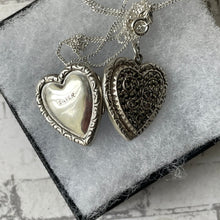 Load image into Gallery viewer, Vintage Sterling Silver Marcasite Heart Locket &amp; Chain. Art Deco Love Heart Butterfly Locket Necklace. Sparkling Sweetheart Locket Pendant
