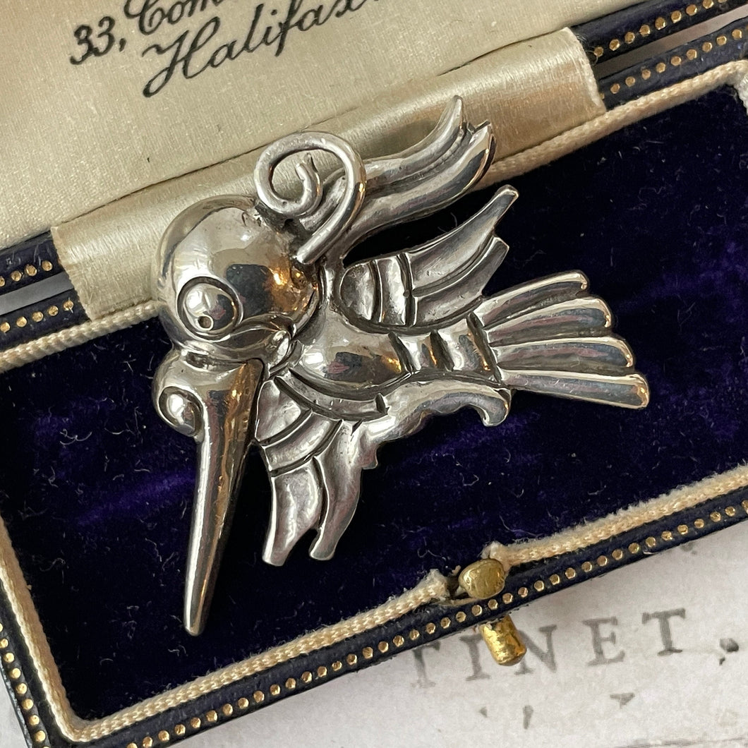 Vintage William Spratling 980 Silver Hummingbird Brooch. 1930s Retro Figural Fantasy Bird Lapel Pin. Designer Silver Jewelry, Taxco Mexico