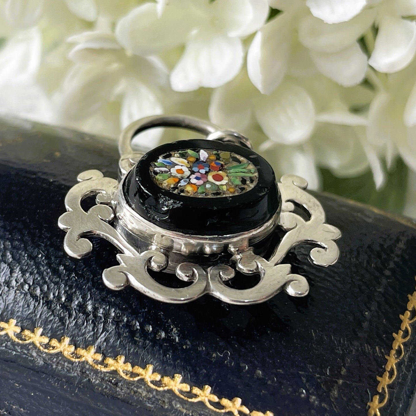 Antique Victorian Silver Micro Mosaic & Whitby Jet Padlock. Antique Sterling Silver Padlock Necklace Pendant. Victorian Bracelet Padlock