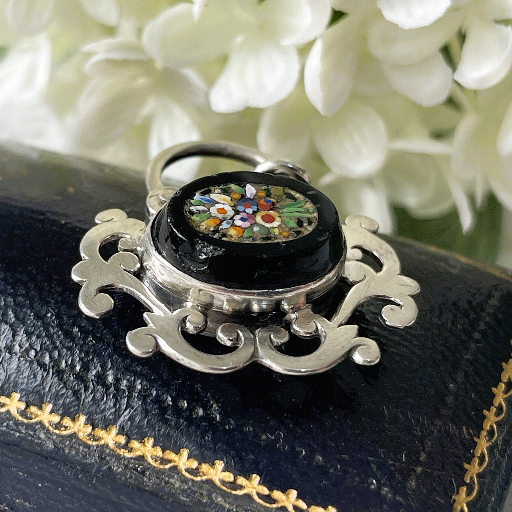 Antique Victorian Silver Micro Mosaic & Whitby Jet Padlock. Antique Sterling Silver Padlock Necklace Pendant. Victorian Bracelet Padlock