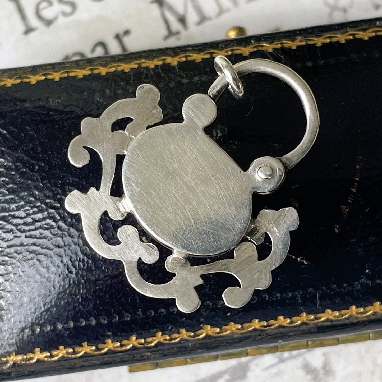 Antique Victorian Silver Micro Mosaic & Whitby Jet Padlock. Antique Sterling Silver Padlock Necklace Pendant. Victorian Bracelet Padlock