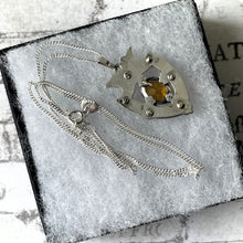 Load image into Gallery viewer, Antique Victorian Silver Crowned Heart Citrine Pendant. Antique Luckenbooth Pendant Necklace. Scottish Cairngorm Sterling Silver Pendant.
