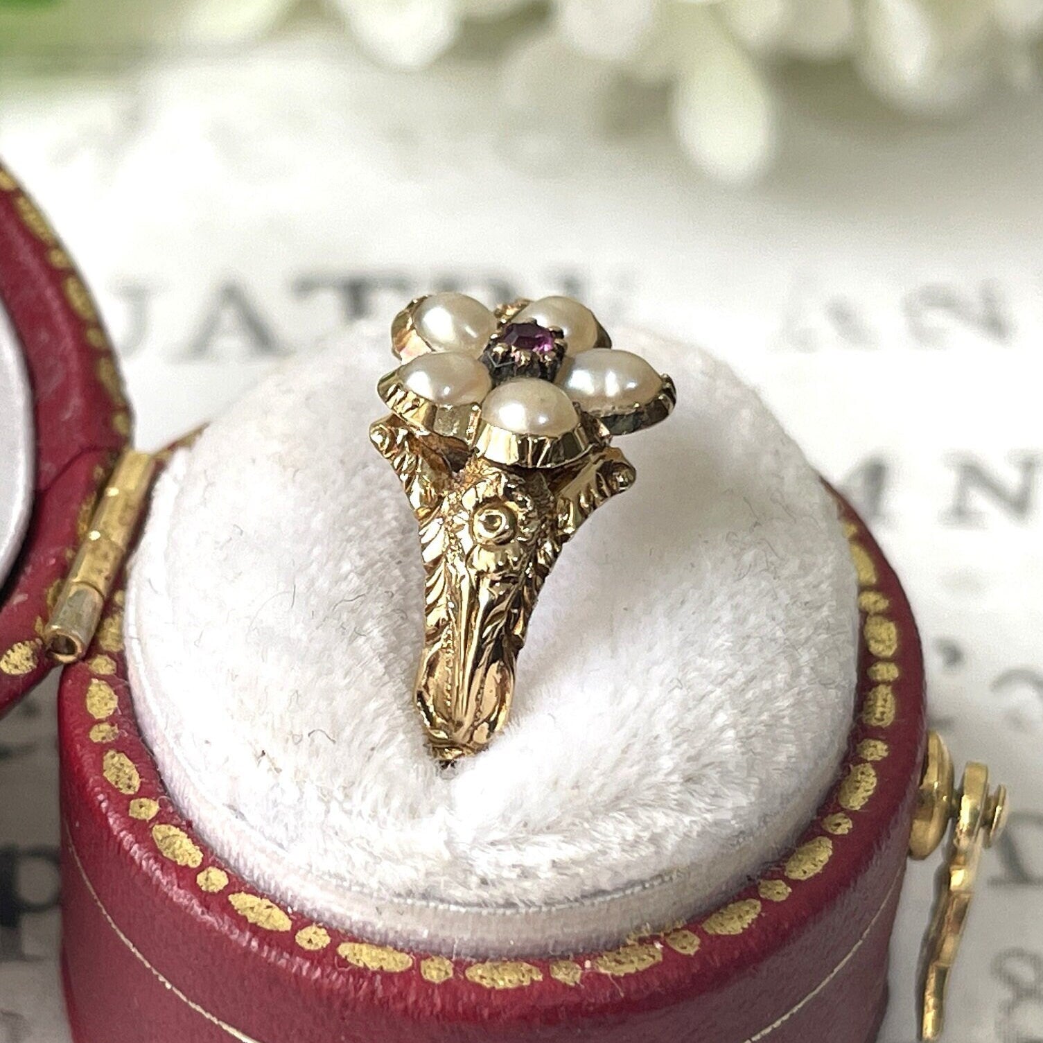 Antique Georgian 18ct Gold Ruby & Pearl "Forget Me Not" Locket Ring. Sentimental/Mourning Ring With Hair Compartment. Georgian Dress Ring.