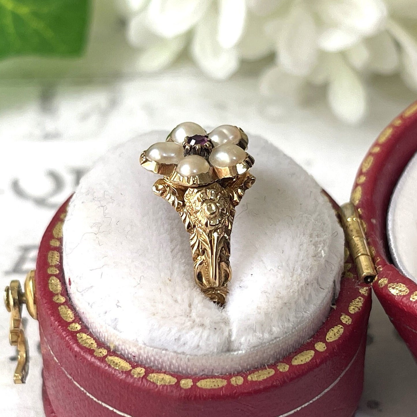 Antique Georgian 18ct Gold Ruby & Pearl "Forget Me Not" Locket Ring. Sentimental/Mourning Ring With Hair Compartment. Georgian Dress Ring.