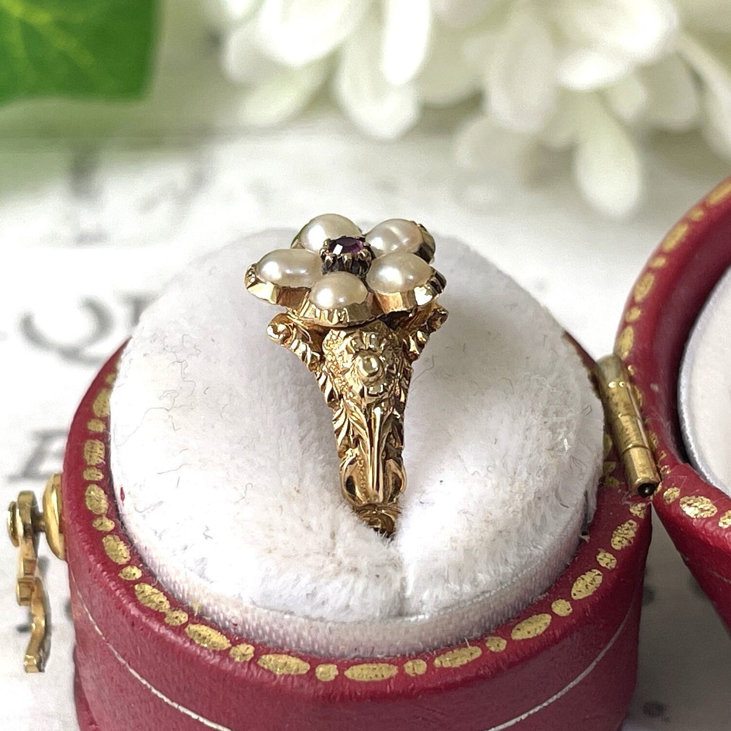 Antique Georgian 18ct Gold Ruby & Pearl "Forget Me Not" Locket Ring. Sentimental/Mourning Ring With Hair Compartment. Georgian Dress Ring.