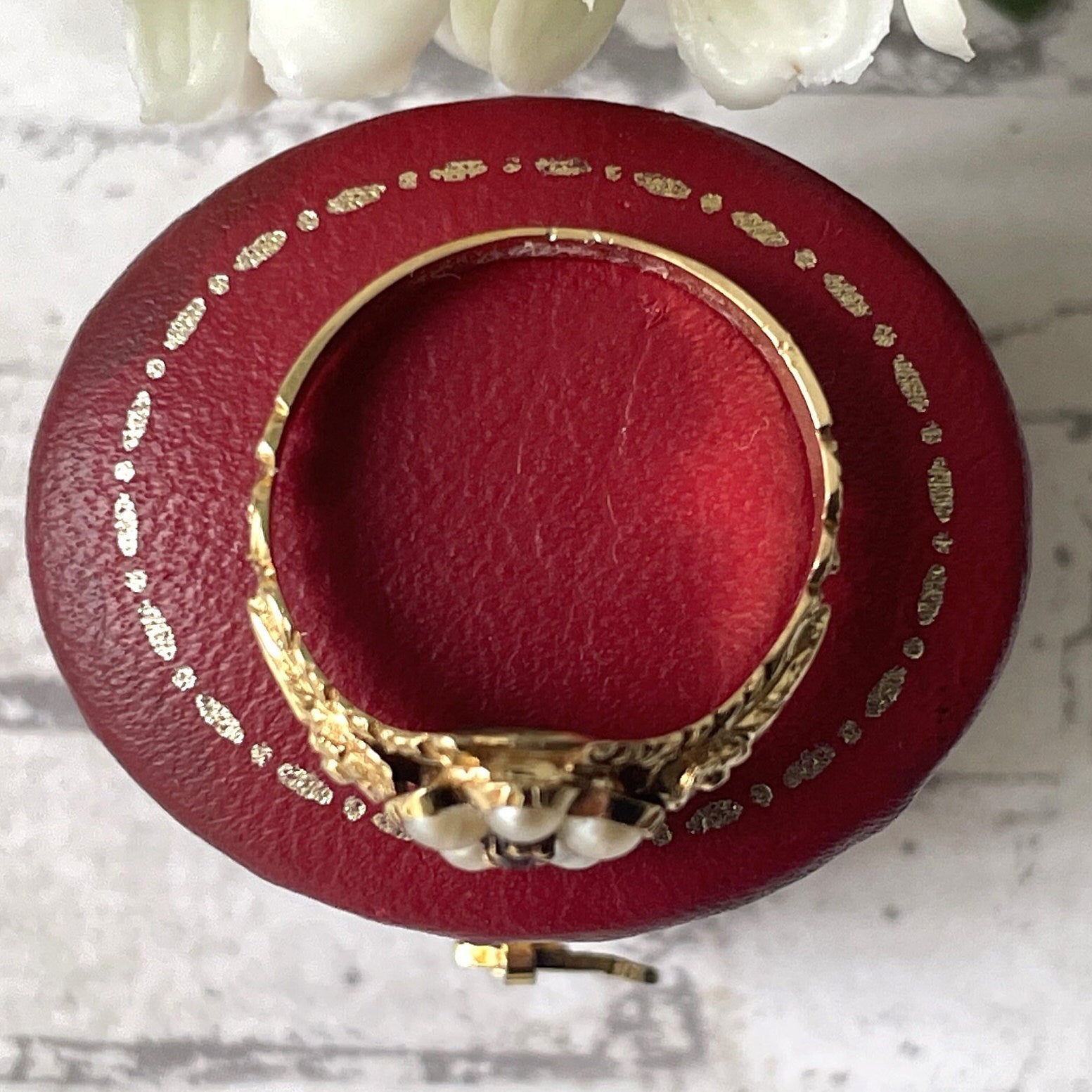 Antique Georgian 18ct Gold Ruby & Pearl "Forget Me Not" Locket Ring. Sentimental/Mourning Ring With Hair Compartment. Georgian Dress Ring.