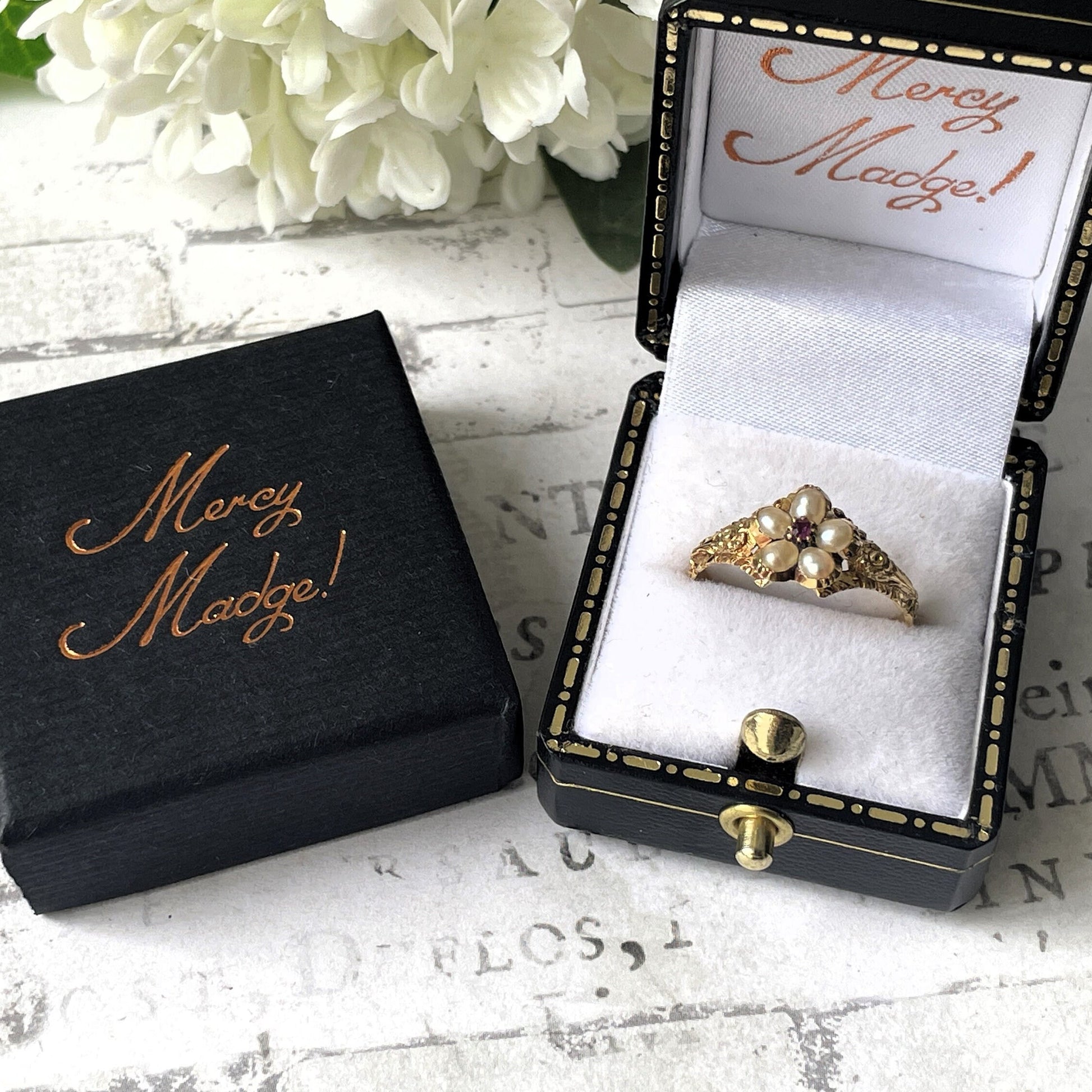 Antique Georgian 18ct Gold Ruby & Pearl "Forget Me Not" Locket Ring. Sentimental/Mourning Ring With Hair Compartment. Georgian Dress Ring.