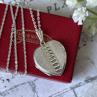 Vintage Sterling Silver Guilloche Engraved Heart Locket Necklace. Art Deco Revival 2-Photo Love Heart Locket On Sterling Silver Trace Chain