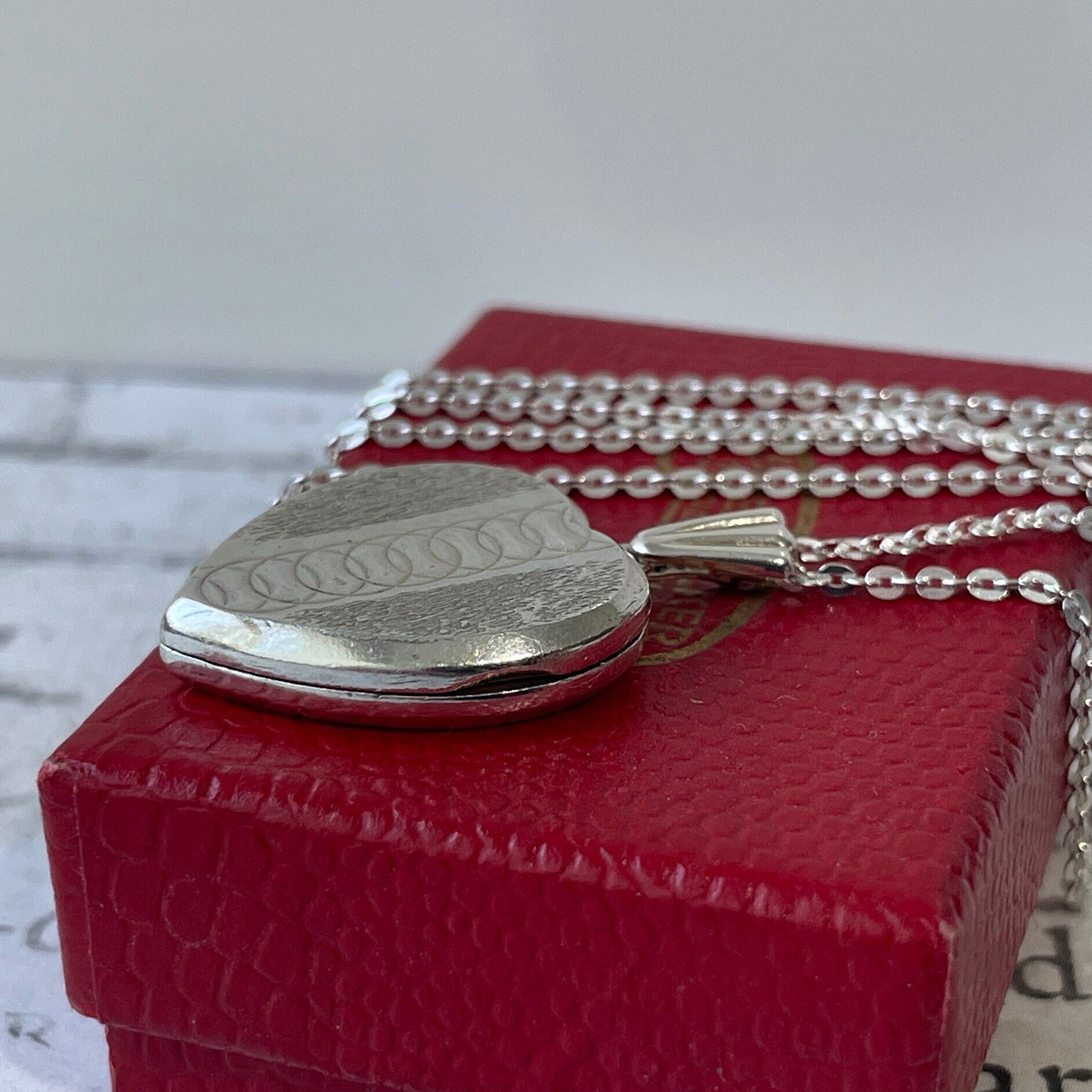 Vintage Sterling Silver Guilloche Engraved Heart Locket Necklace. Art Deco Revival 2-Photo Love Heart Locket On Sterling Silver Trace Chain