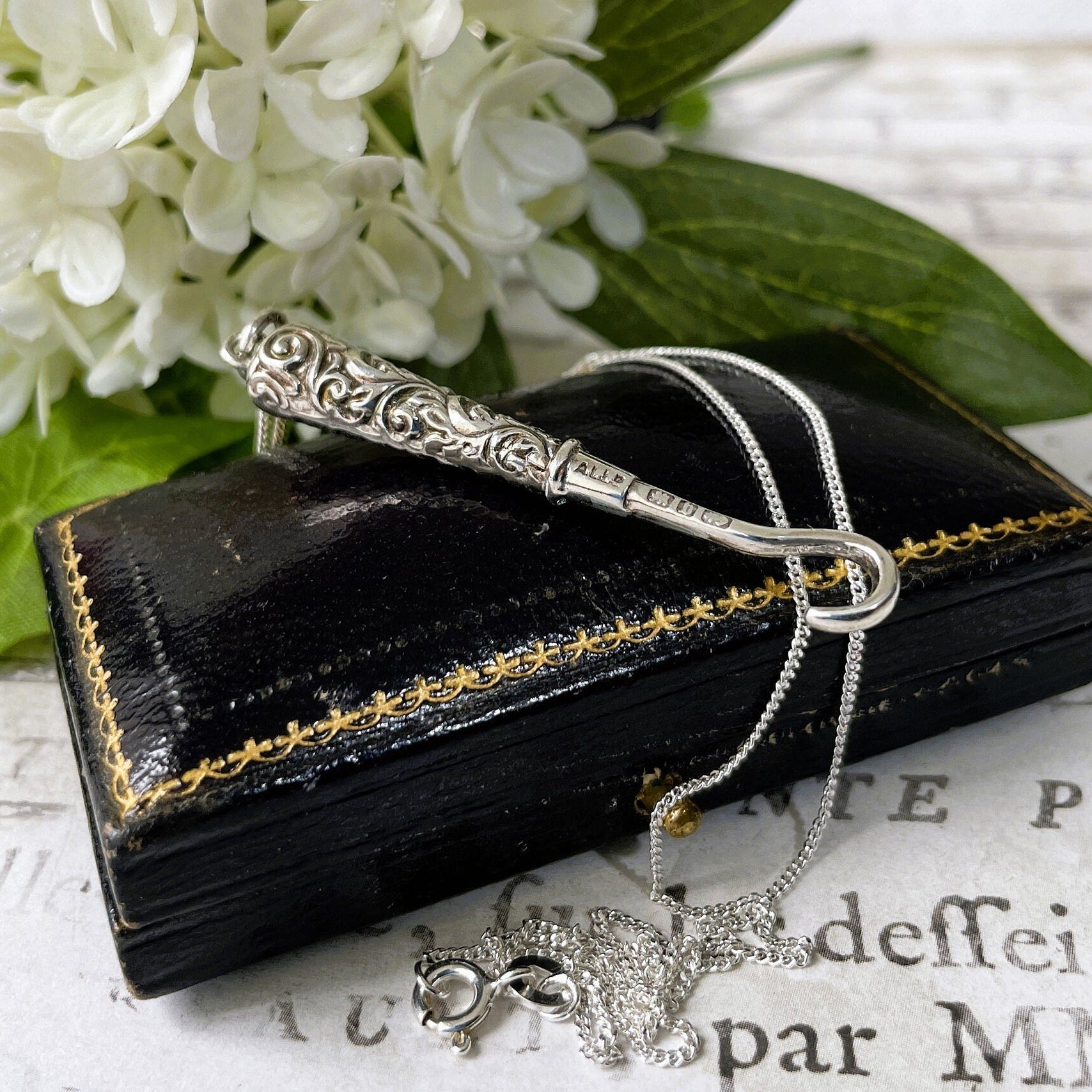 Victorian Miniature Silver Button Hook Pendant. Antique English Sterling Silver Chatelaine Accessory. Silver Novelty Pendant Necklace.