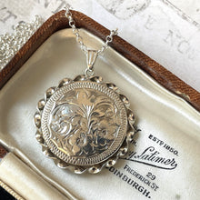 Load image into Gallery viewer, Vintage English Sterling Silver &quot;Forget Me Not&quot; Locket Locket Pendant Necklace. Victorian Revival Floral Engraved Large Round Locket &amp; Chain

