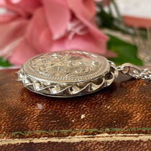Load image into Gallery viewer, Vintage English Sterling Silver &quot;Forget Me Not&quot; Locket Locket Pendant Necklace. Victorian Revival Floral Engraved Large Round Locket &amp; Chain
