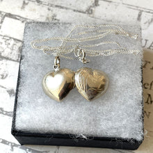 Load image into Gallery viewer, Vintage Sterling Silver Love Heart Locket Pendant Necklace. Small Puffy Engraved Sweetheart Locket &amp; Curb Chain. Minimalist Silver Locket
