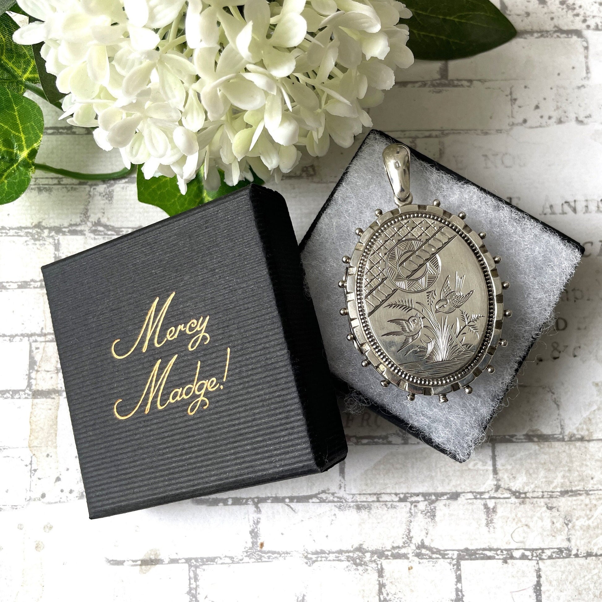 Victorian Aesthetic Engraved English Silver Locket Hallmarked 1881. Huge Antique Sterling Silver Love Bird & Asian Scene Locket Pendant