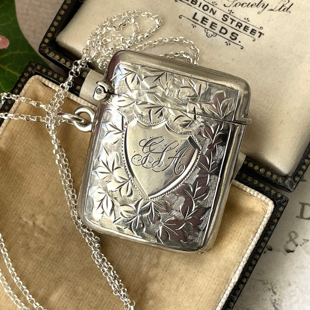 Edwardian Sterling Silver Lady's Engraved Vesta Case With Chain, Chester 1906. Antique Sterling Silver Chatelaine Pendant/Locket Necklace