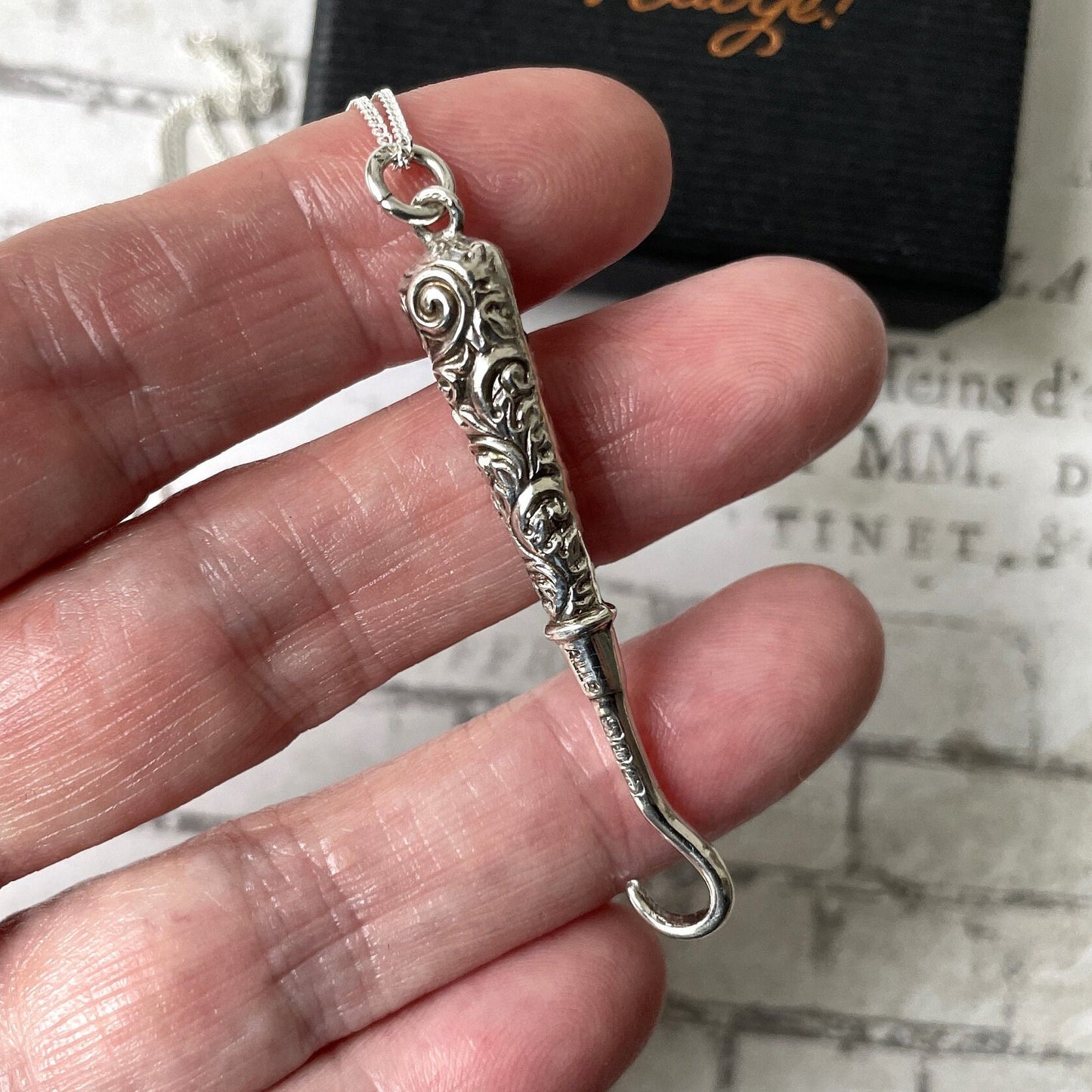 Victorian Miniature Silver Button Hook Pendant. Antique English Sterling Silver Chatelaine Accessory. Silver Novelty Pendant Necklace.