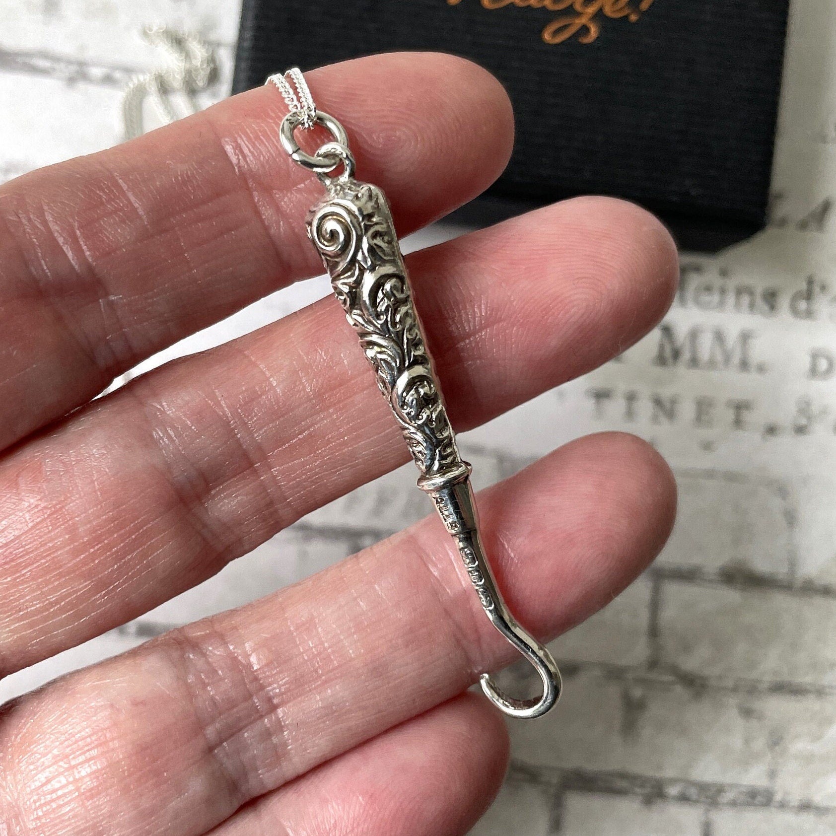 Victorian Miniature Silver Button Hook Pendant. Antique English Sterling Silver Chatelaine Accessory. Silver Novelty Pendant Necklace.