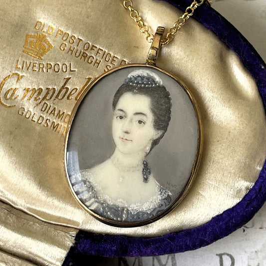 Antique Georgian Gold Gilded Portrait Miniature Locket Pendant. Small Signed Portrait Miniature of a Lady 1767. Georgian Sentimental Jewelry