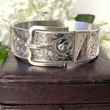 Load image into Gallery viewer, Vintage Floral Engraved Forget-Me-Not Belt &amp; Buckle Silver Bangle, 1962 Hallmarks. Victorian Style Heavy Wide Sterling Silver Bracelet Cuff
