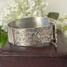 Load image into Gallery viewer, Vintage Floral Engraved Forget-Me-Not Belt &amp; Buckle Silver Bangle, 1962 Hallmarks. Victorian Style Heavy Wide Sterling Silver Bracelet Cuff
