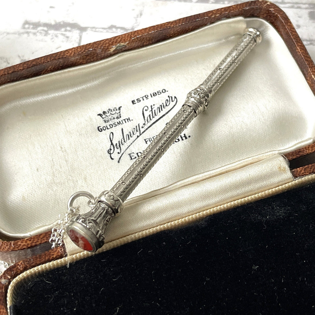 Victorian Engraved Sterling Silver Sliding Pencil Pendant With Citrine Seal. Antique Solid Silver Retracting/Telescopic Mechanical Pencil