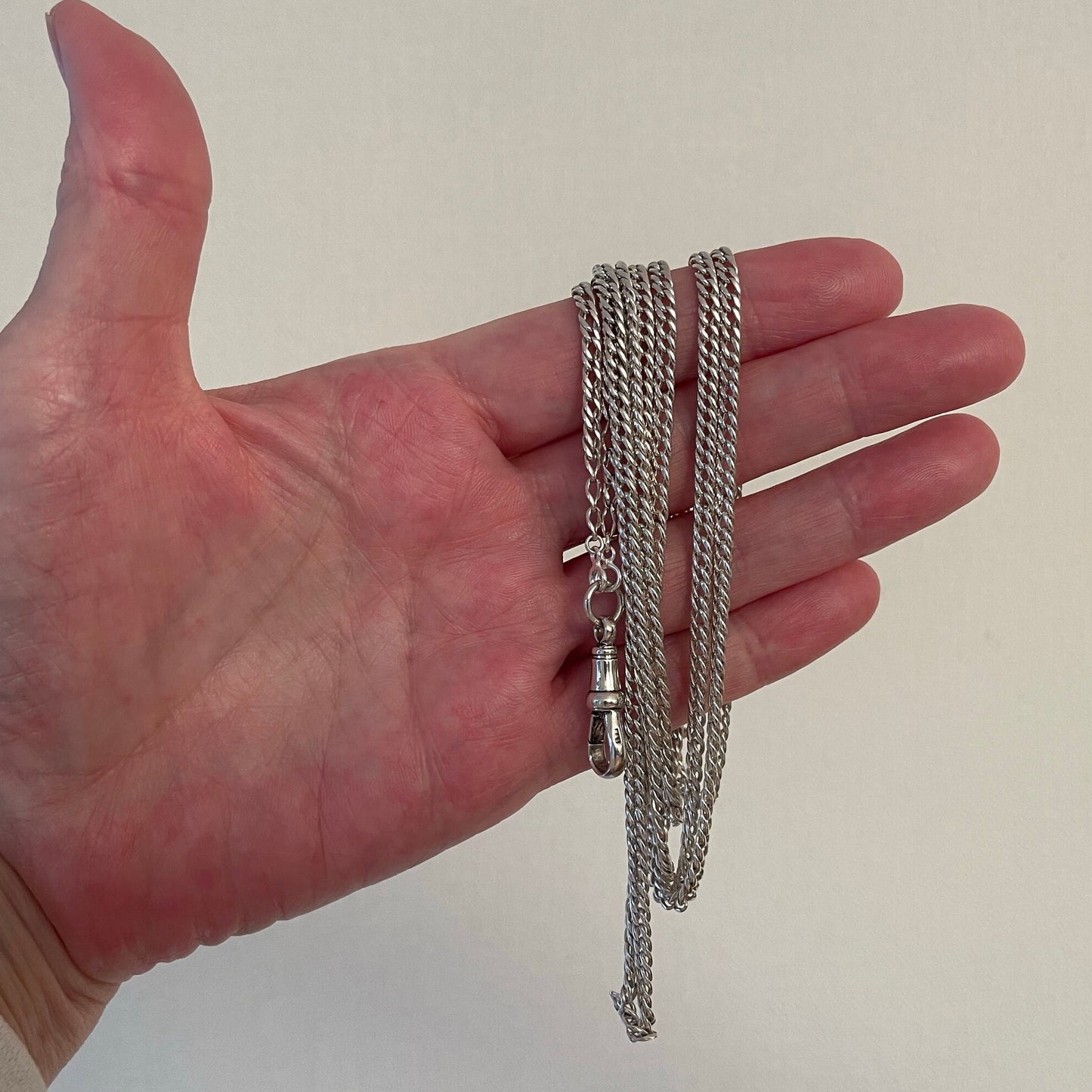 Victorian Silver 60” Long Guard Chain Necklace. Antique Curb Link Wheat Chain Sautoir Necklace. Sterling Silver Muff/Pocket Watch Chain