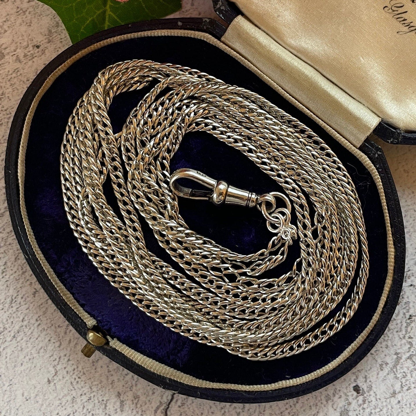 Victorian Silver 60” Long Guard Chain Necklace. Antique Curb Link Wheat Chain Sautoir Necklace. Sterling Silver Muff/Pocket Watch Chain