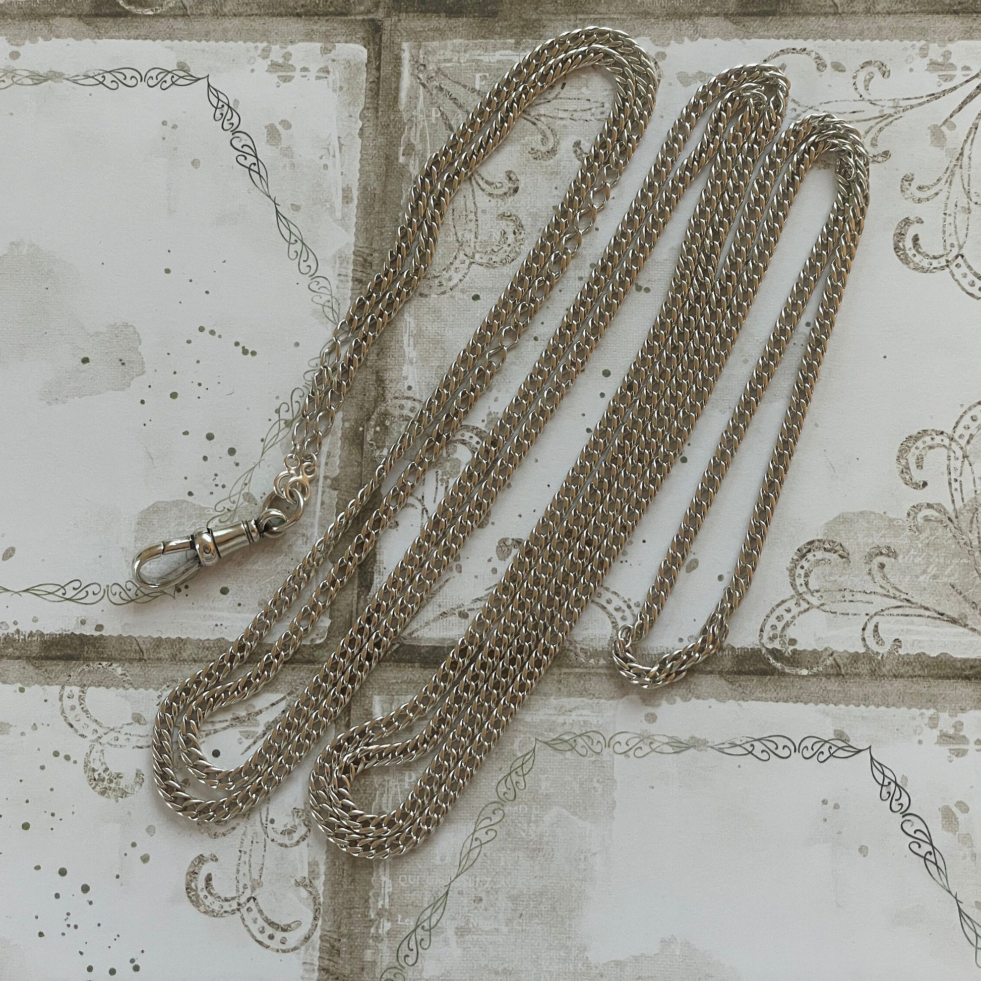 Victorian Silver 60” Long Guard Chain Necklace. Antique Curb Link Wheat Chain Sautoir Necklace. Sterling Silver Muff/Pocket Watch Chain