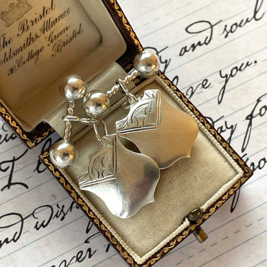 Victorian Engraved Silver Shield Statement Cufflinks. Sterling Silver Chain Cufflinks. Wedding Groom/ Mens Formal Antique Silver Cufflinks