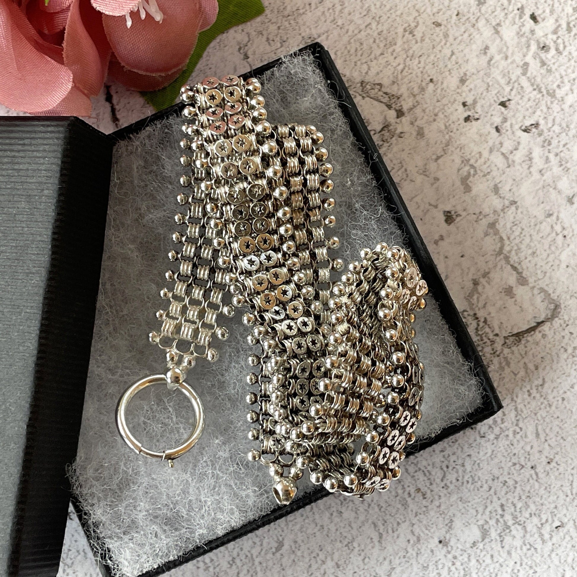 Victorian Sterling Silver Book Chain Necklace. Antique Aesthetic Era Silver Star Collar Necklace. Victorian Bookchain For Lockets/Pendants