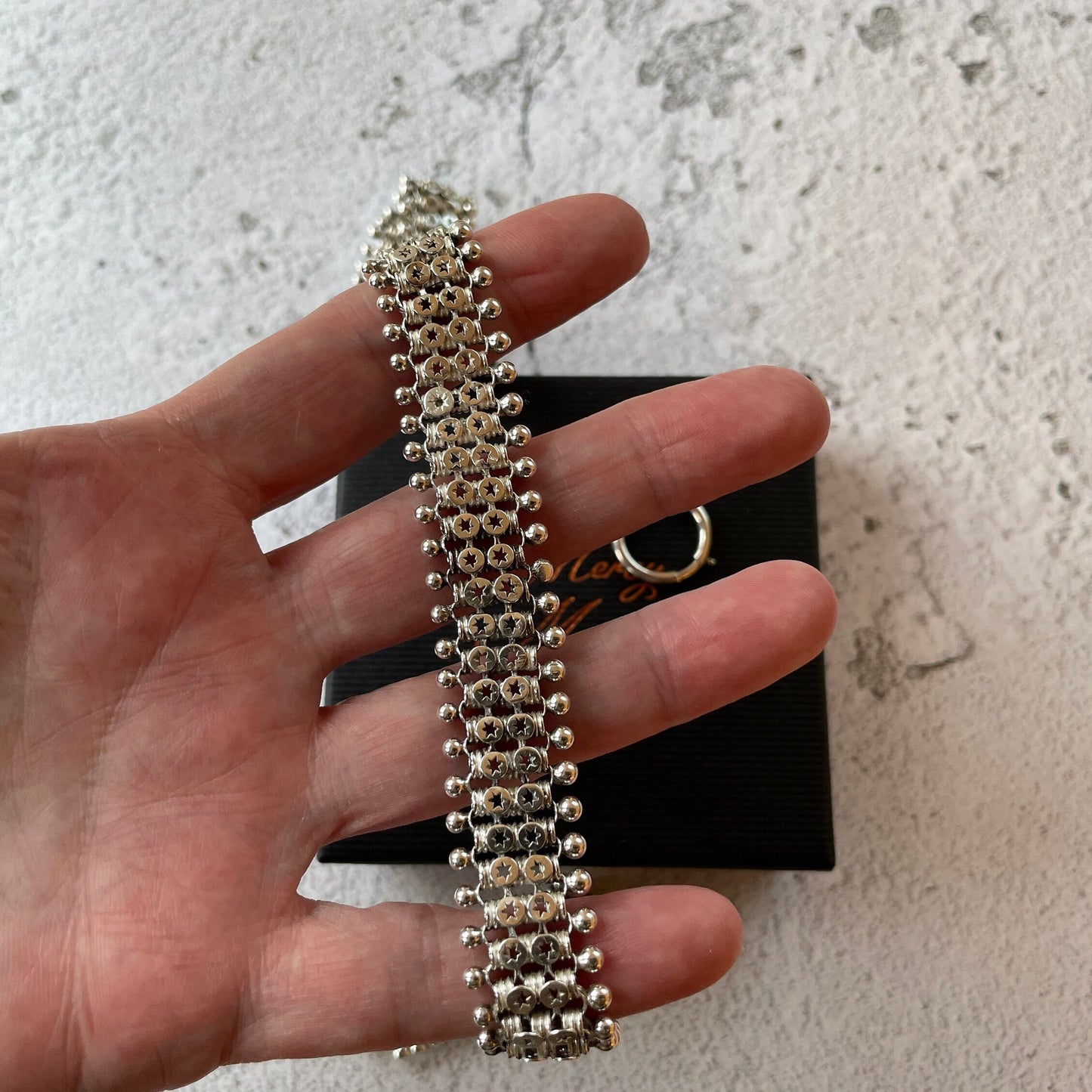 Victorian Sterling Silver Book Chain Necklace. Antique Aesthetic Era Silver Star Collar Necklace. Victorian Bookchain For Lockets/Pendants