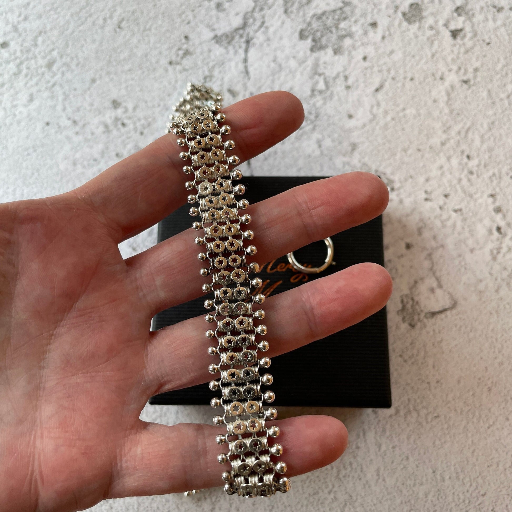 Victorian Sterling Silver Book Chain Necklace. Antique Aesthetic Era Silver Star Collar Necklace. Victorian Bookchain For Lockets/Pendants