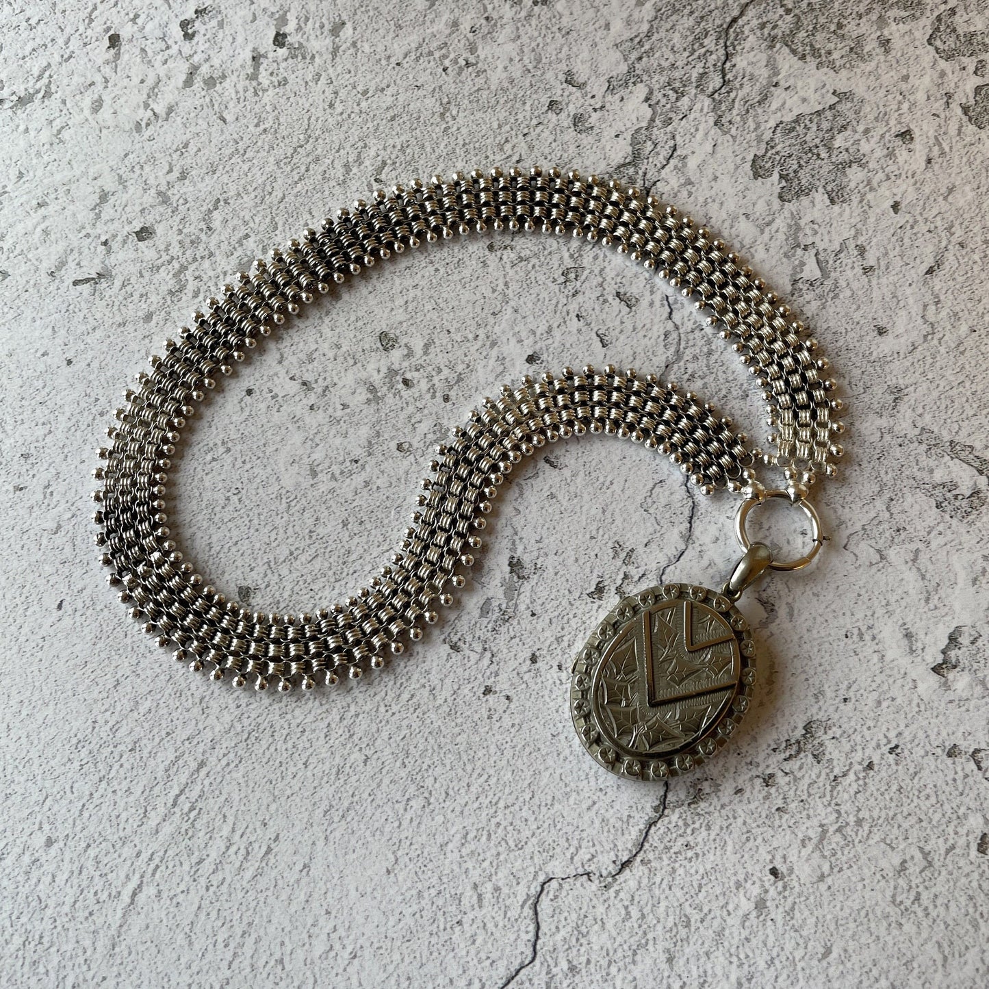 Victorian Sterling Silver Book Chain Necklace. Antique Aesthetic Era Silver Star Collar Necklace. Victorian Bookchain For Lockets/Pendants