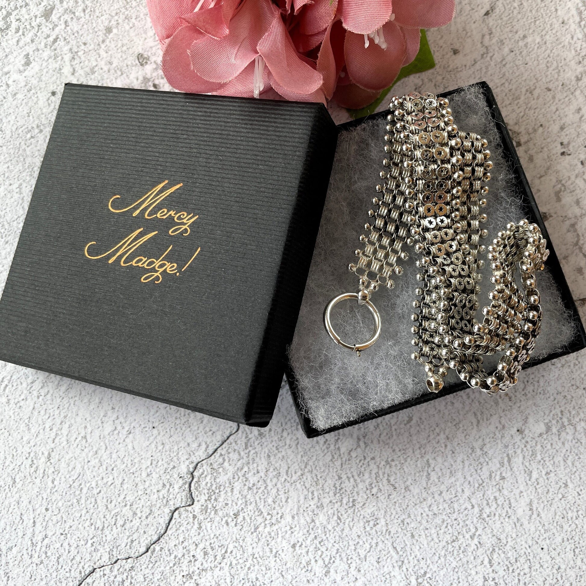 Victorian Sterling Silver Book Chain Necklace. Antique Aesthetic Era Silver Star Collar Necklace. Victorian Bookchain For Lockets/Pendants