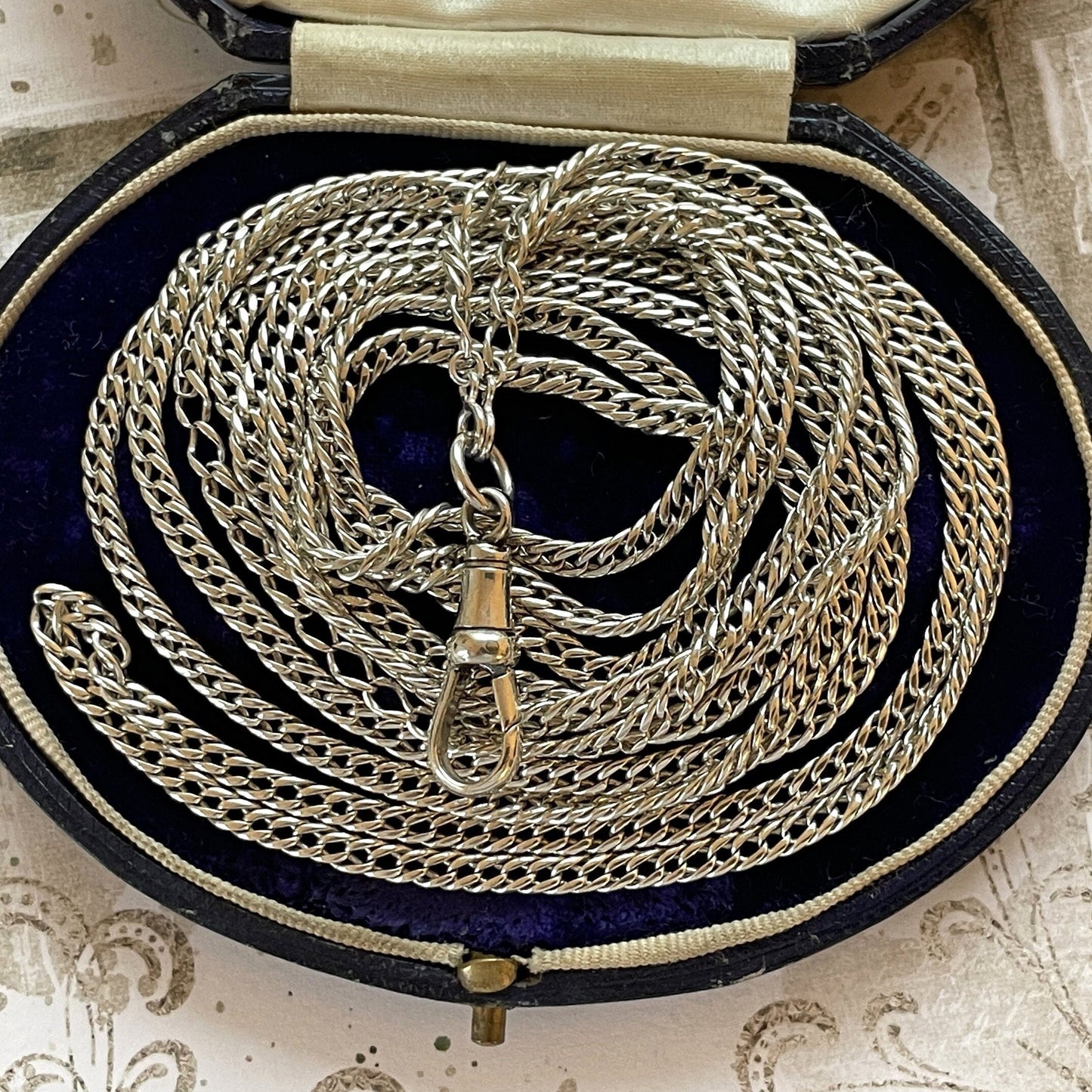 Victorian Silver 60” Long Guard Chain Necklace. Antique Curb Link Wheat Chain Sautoir Necklace. Sterling Silver Muff/Pocket Watch Chain