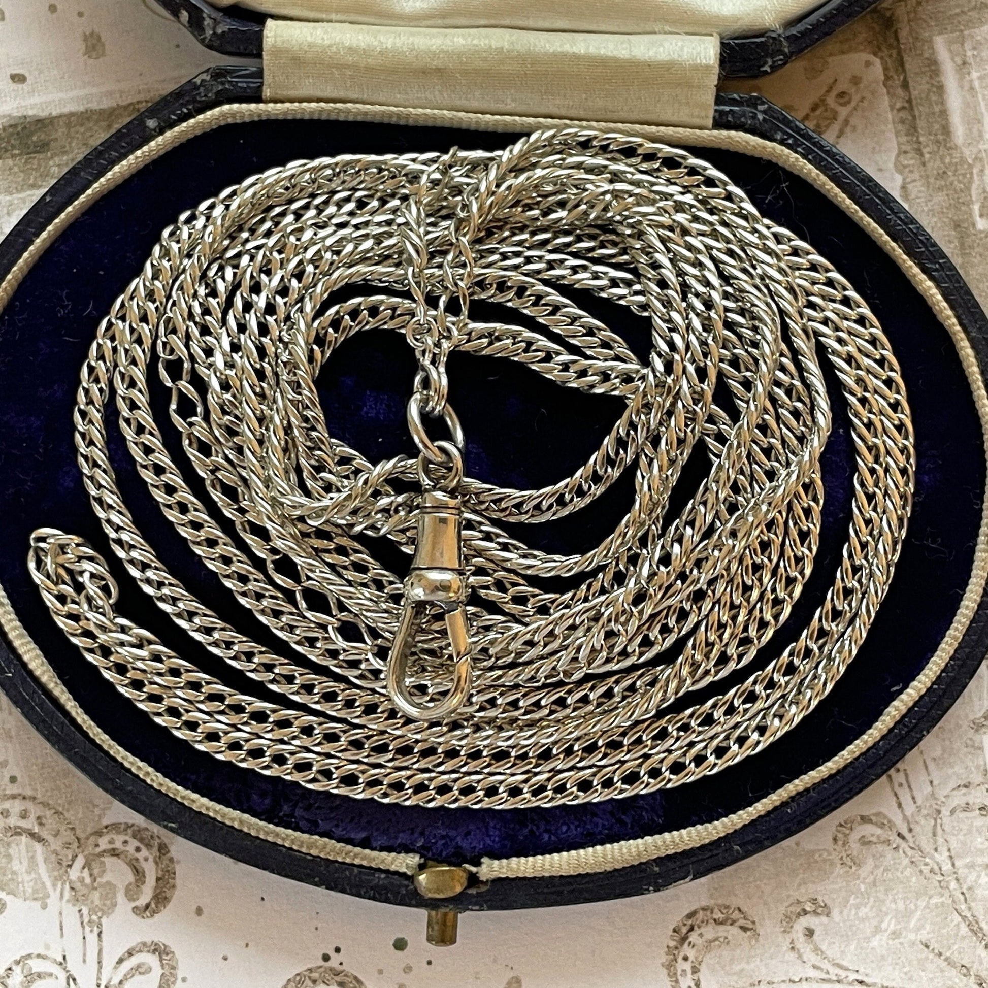Victorian Silver 60” Long Guard Chain Necklace. Antique Curb Link Wheat Chain Sautoir Necklace. Sterling Silver Muff/Pocket Watch Chain
