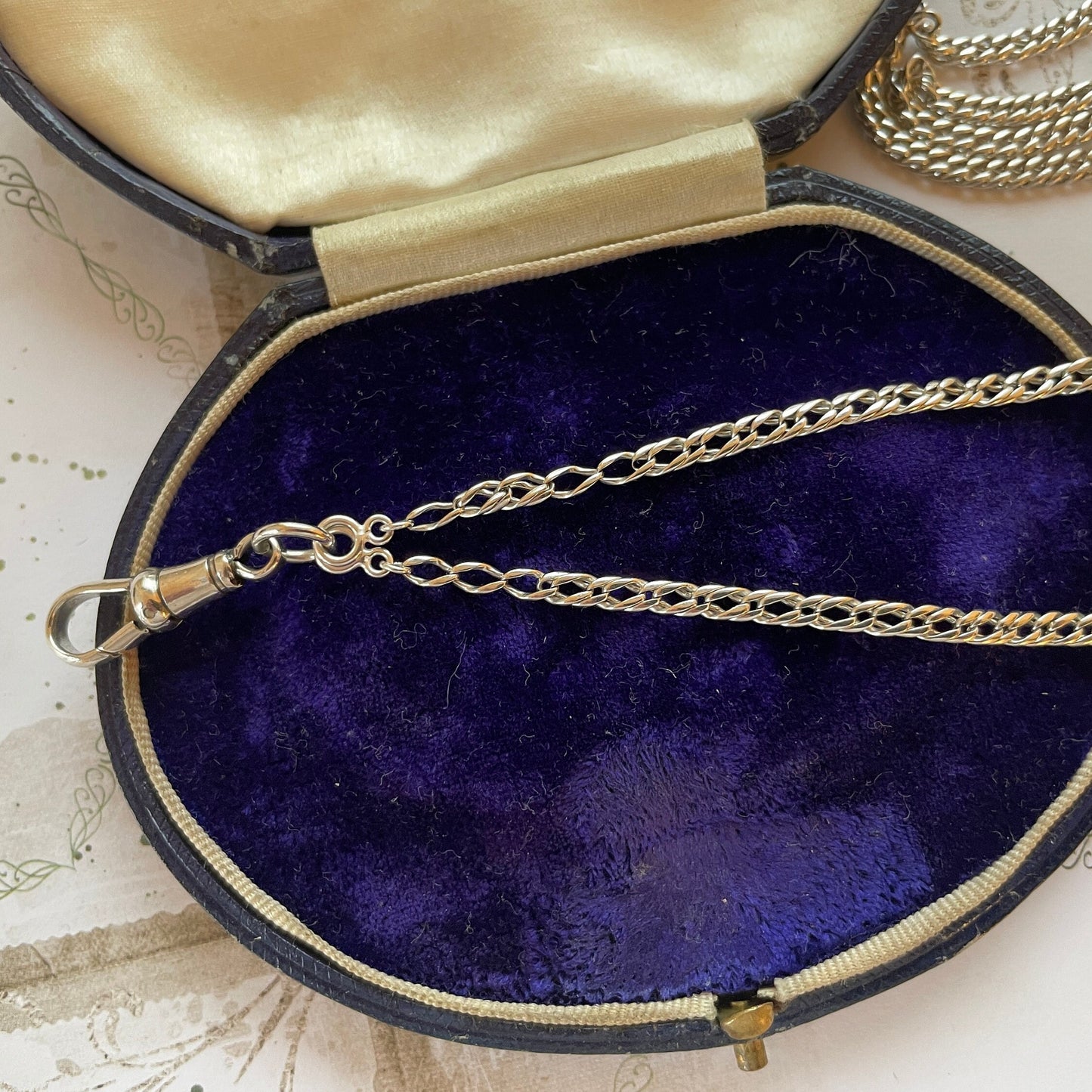 Victorian Silver 60” Long Guard Chain Necklace. Antique Curb Link Wheat Chain Sautoir Necklace. Sterling Silver Muff/Pocket Watch Chain