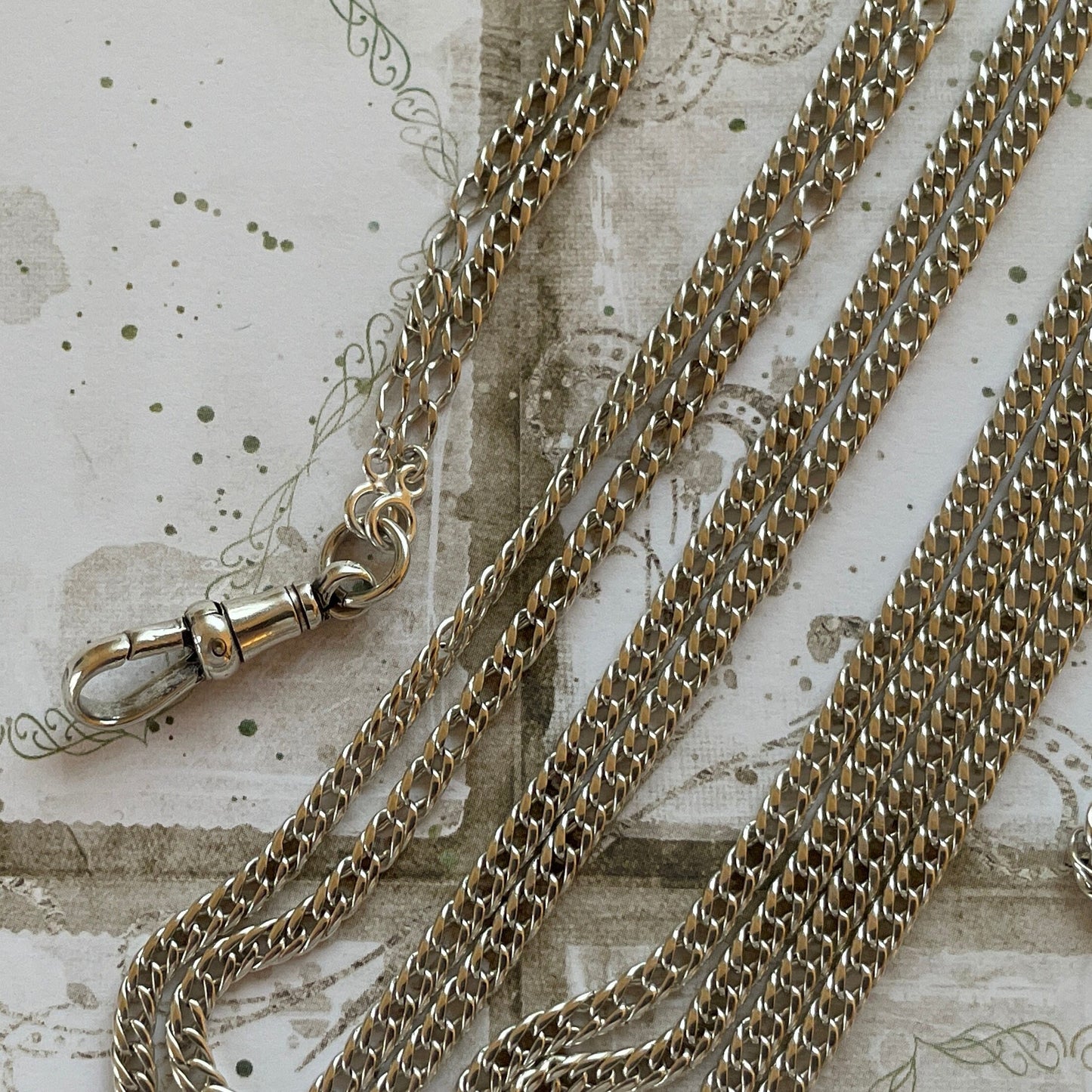 Victorian Silver 60” Long Guard Chain Necklace. Antique Curb Link Wheat Chain Sautoir Necklace. Sterling Silver Muff/Pocket Watch Chain