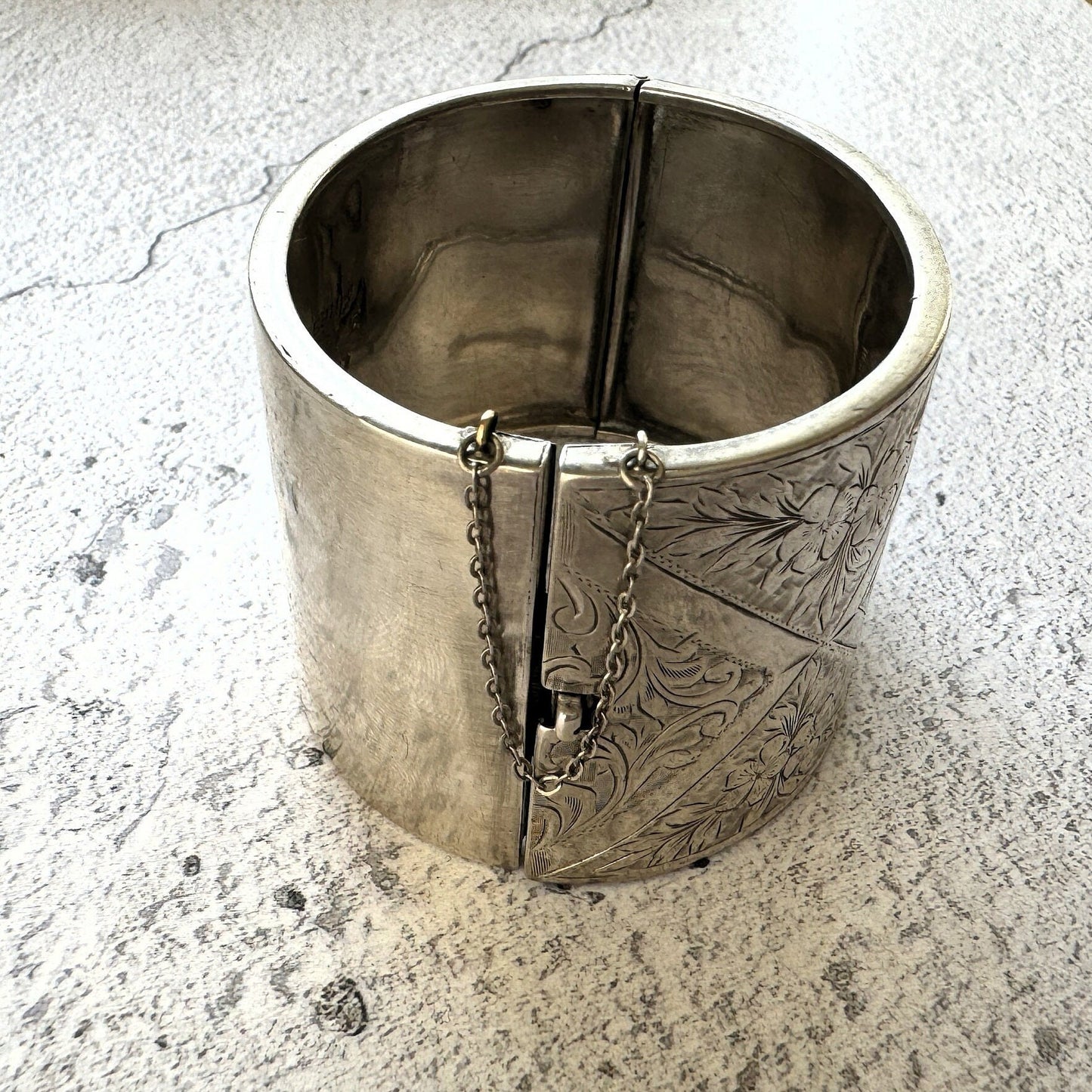 Victorian Engraved Forget-Me-Not Silver Cuff Bracelet. Antique Aesthetic Floral Wide Bangle. Scottish Sterling Silver Sweetheart Bracelet