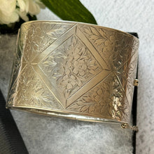 Load image into Gallery viewer, Victorian Engraved Forget-Me-Not Silver Cuff Bracelet. Antique Aesthetic Floral Wide Bangle. Scottish Sterling Silver Sweetheart Bracelet
